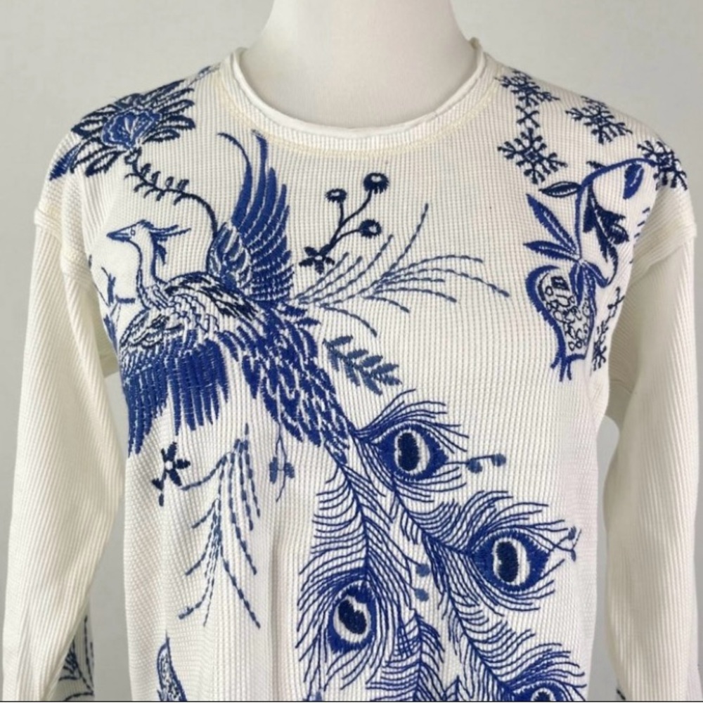 Johnny Was Cream and Blue Peacock Embroidered Shirt NEW WITH TAGS L/S Size small - Picture 11 of 11